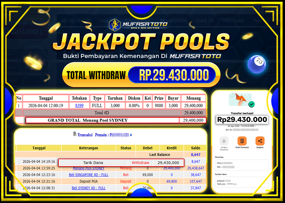 MUFASATOTO JACKPOT POOL SIDNEY Rp.29.430.000 |LUNAS